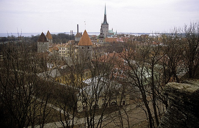 Altstadt: Blick vom Domberg - Türme der Stadtmauer und Olaikirche (Oleviste kirik) Tallinn 1993