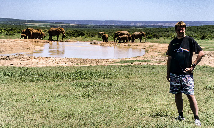 Addo-Elefanten-Nationalpark Jürgen vor Elefantenherde am Wasserloch