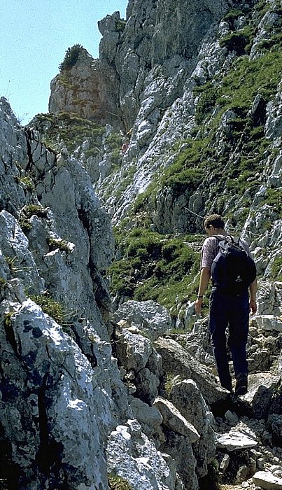 Klettersteig unterhalb des Gipfels der Pyramidenspitze Zahmer Kaiser