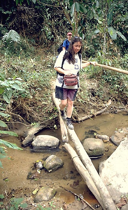 Doi Inthanon-Nationalpark Cordula beim Überqueren eines Bachlaufes