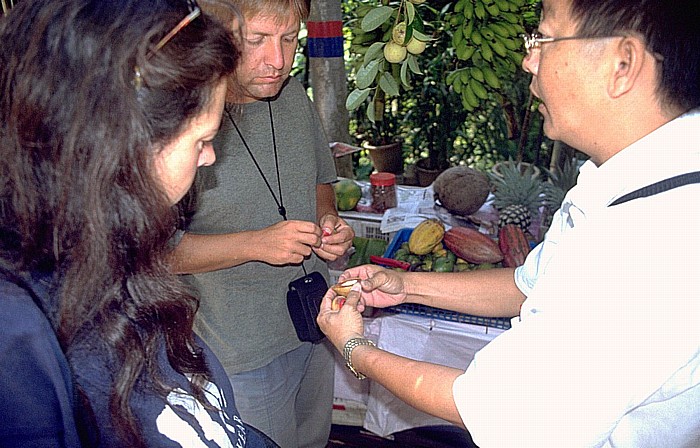 Penang Cordula und Christoph an Straßenstand beim Betrachten von Muskatnüssen