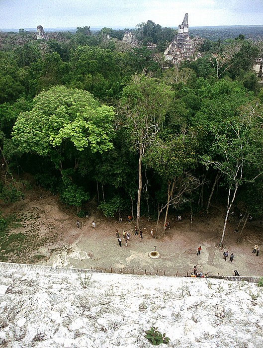 Blick vom Tempel V: Blick in Richtung Große Plaza mit den Spitzen der Tempel II (links) und I Tikal