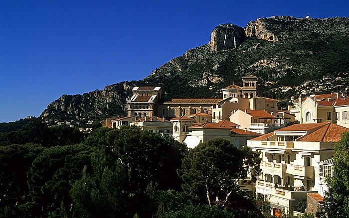 Monaco Blick vom Dach des Ozeanografischen Museums: Schlosshügel mit der Kathedrale Ozeanografisches Museum
