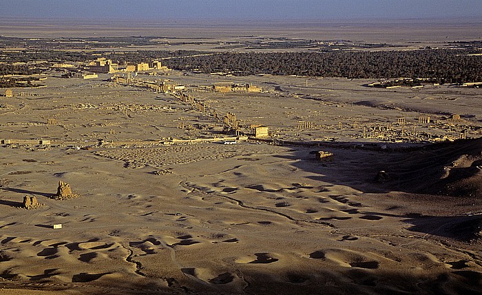 Palmyra Blick von der Burg Qalaat Ibn Maan: Ruinengelände Baal-Tempel Große Säulenstraße