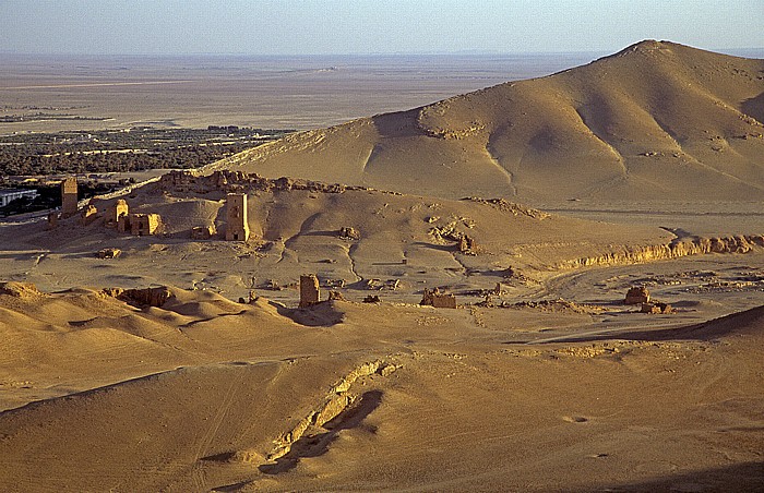 Blick von der Burg Qalaat Ibn Maan: Tal der Gräber mit Grabtürmen Palmyra