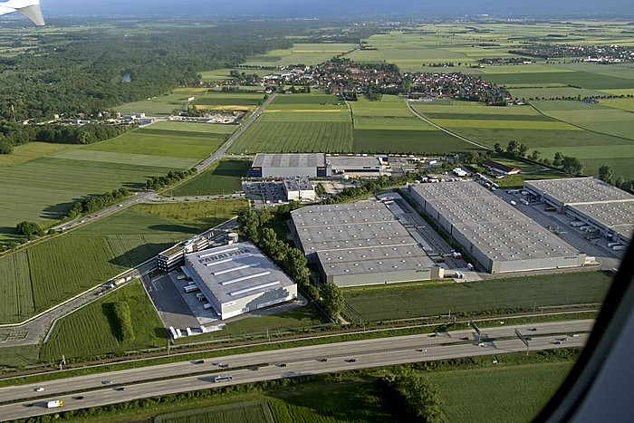 Bayern - Landkreis Freising: Mintraching - Logistikpark Römerpark Gewerbegebiet Logistikpark Römerweg Isarauen Luftbild aerial photo