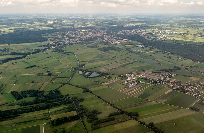 Bayern - Landkreis Freising: Pulling Bundesautobahn A 92 Isarauen Kraftwerk Zolling Moosach Moosach-Weiher Luftbild aerial photo