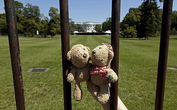 Washington, D.C. President's Park: Teddy und Teddine vor dem Weißen Haus (White House) Weißes Haus