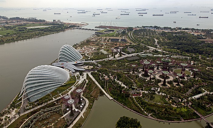 Blick vom SkyPark at Marina Bay Sands: Marina Bay Marina East Marina, Reservoir mit Marina Barrage und Marina South Singapur