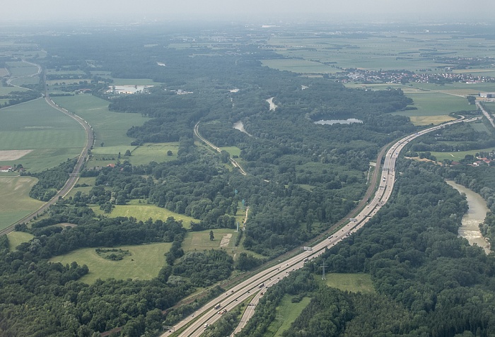 Bayern - Landkreis Freising: Isarauen und Isar Bundesautobahn A 9 Bundesautobahn A 92 Mintraching Luftbild aerial photo