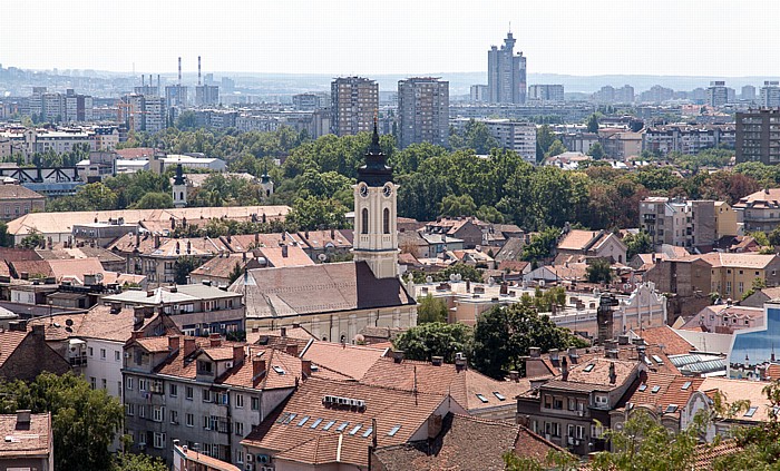 Belgrad Blick vom Kula Sibinjanin Janka (Gardos Turm): Zemun, Novi Beograd Genex-Turm Muttergotteskirche