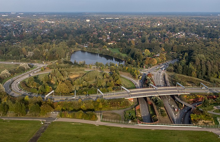 Hamburg Langenhorn: Zeppelinstraße (B 433), Ausfahrt des Krohnstiegtunnels Bornbachstausee Luftbild aerial photo