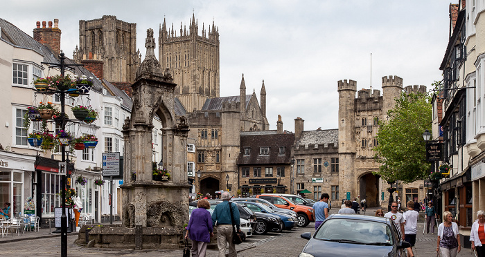 Wells Market Place: Market Cross Penniless Porch The Bishop's Eye Wells Cathedral