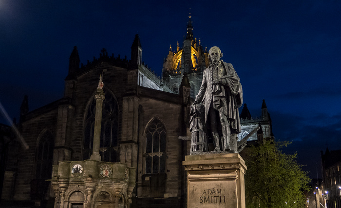 Edinburgh Old Town: Parliament Square - Adam Smith Statue High Street Mercat Cross of Edinburgh Royal Mile St Giles' Cathedral