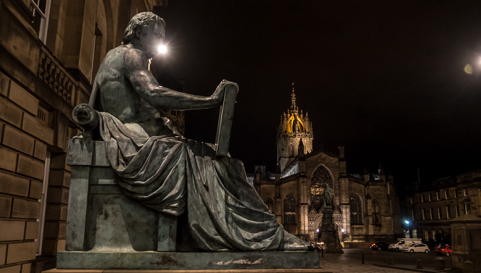 Edinburgh Old Town: High Street (Royal Mile) - David Hume Statue Parliament House Parliament Square St Giles' Cathedral Walter Francis Montagu Douglas Scott Statue