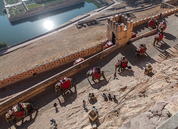 Jaipur Amber Fort: Elefanten beim Aufstieg Kesar Kyari Bagh Maota Lake