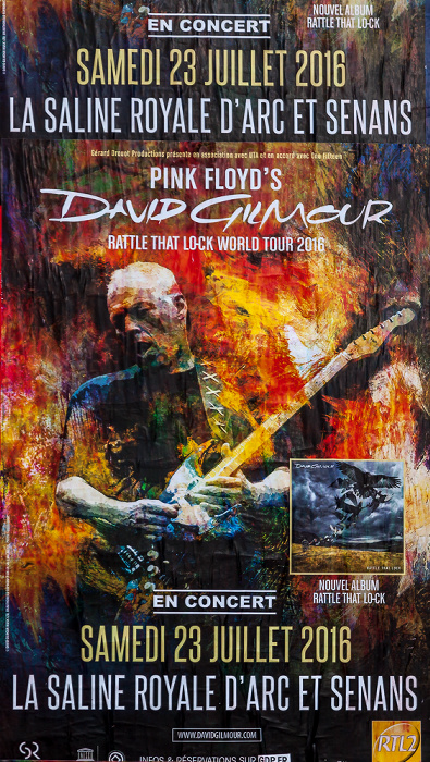 Besançon La Boucle: Rue de la Préfecture / Rue Mégevand: Plakat für das David-Gilmour-Konzert in der Saline Royale d'Arc-et-Senans