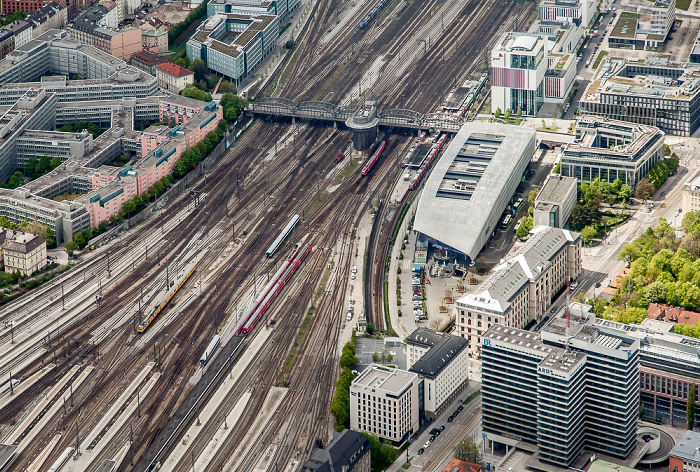 Luftbild aus Zeppelin: Ludwigsvorstadt-Isarvorstadt mit dem Europäischen Patentamt, der Hackerbrücke, dem S-Bahnhof Hackerbrücke und dem Zentralen Omnibusbahnhof München