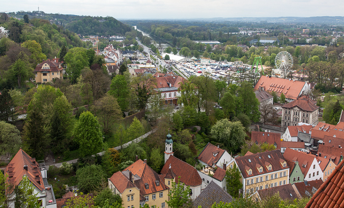 Landshut Blick von der Burg Trausnitz: Festplatz Grieserwiese Isar Theklakapelle