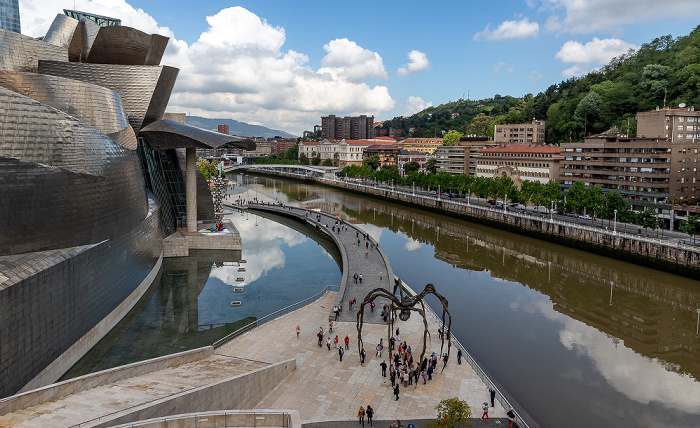 Blick von der Puente de La Salve: Abando mit dem Guggenheim-Museum Bilbao, Ría de Bilbao, Uríbarri Maman (von Louise Bourgeois)