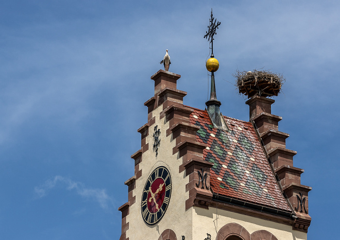 Kirchturm der Kirche St. Johannes der Täufer: Weißstörche (Klapperstorch, Ciconia ciconia) Pfohren