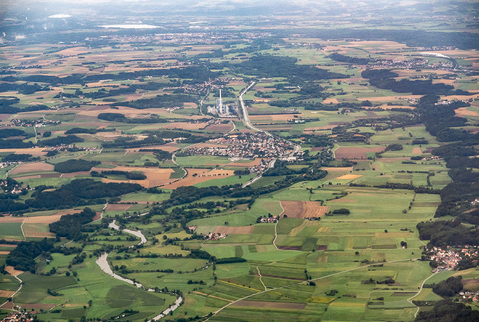 Bayern - Landkreis Freising: Freising 2019-08-10 Flug DLH2510 München Franz Josef Strauß (MUC/EDDM) - Birmingham (BHX/EGBB) Amper Amper-Werkkanal Kraftwerk Zolling Zolling Luftbild aerial photo