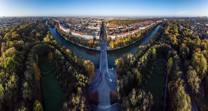 München Maximiliansanlagen, Isar mit Luitpoldbrücke, Prinzregentenstraße, Lehel mit Widenmayerstraße Luftbild aerial photo
