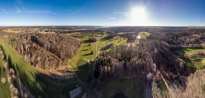 Leutstetten, Leutstettener Moos, Golfplatz Gut Rieden, Starnberg, Starnberger See, Bahnstrecke München - Garmisch-Partenkirchen, Gut Rieden Luftbild aerial photo