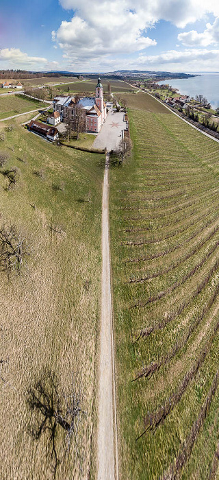 Uhldingen-Mühlhofen Obstbäume, Weinreben, Wallfahrtskirche Birnau, Überlinger See (Bodensee) Luftbild aerial photo