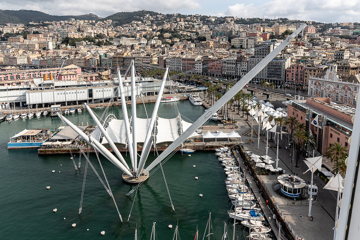 Blick aus der Ruota Panoramica di Genova: Porto Antico mit Il Bigo, Centro storico Genua