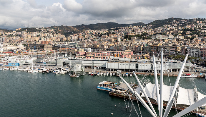 Genua Blick aus der Ruota Panoramica di Genova: Porto Antico Acquario di Genova Biosfera Centro storico Il Bigo Piazza delle Feste