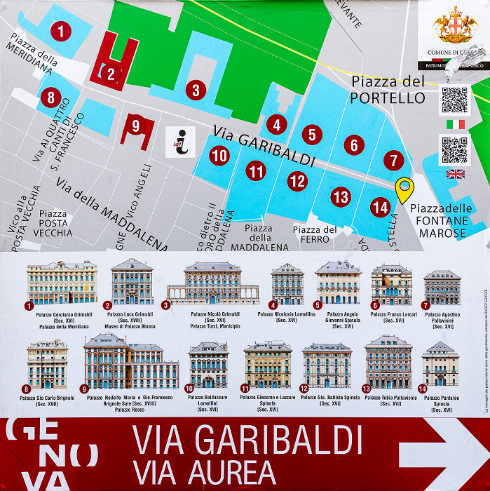 Genua Centro storico: Plan der Via Giuseppe Garibaldi (Via Aurea, Già Strada Nuova) und der angrenzenden Palazzi