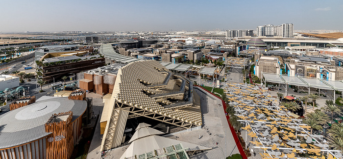 EXPO 2020 Dubai: Blick von Garden in the Sky - Koreanischer Pavillon Alif - The Mobility Pavilion EXPO 2020 Garden in the Sky EXPO 2020 Polnischer Pavillon EXPO 2020 Russischer Pavillon EXPO 2020 Ungarischer Pavillon EXPO 2020