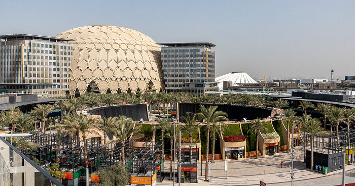 EXPO 2020 Dubai: Blick von Garden in the Sky - Water Feature und Al Wasl Plaza Al Wasl Plaza EXPO 2020 Garden in the Sky EXPO 2020 Pavillon der Vereinigten Arabischen Emirate EXPO 2020 Water Feature EXPO 2020