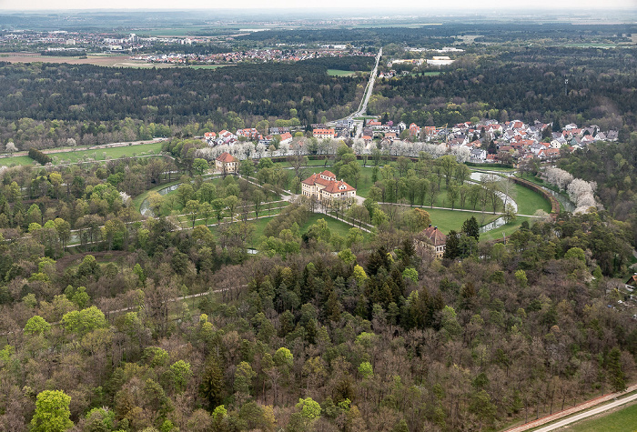 Oberschleißheim Luftbild aus Zeppelin: Schlossanlage Schleißheim - Schlosspark, Schloss Lustheim, Lustheim