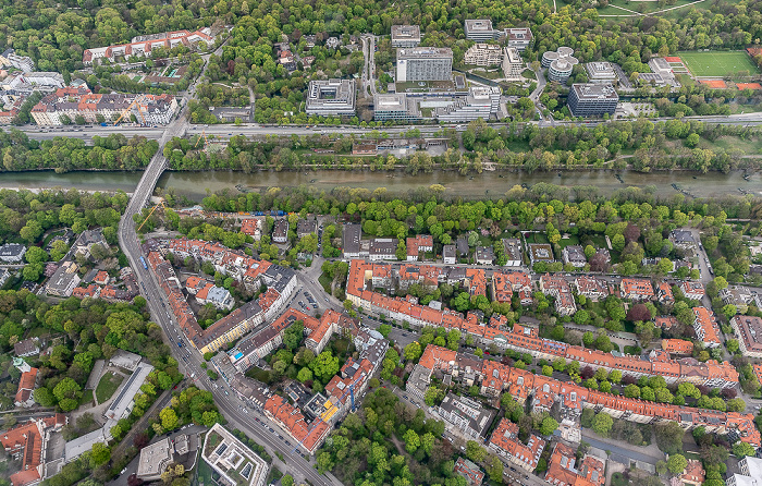 Luftbild aus Zeppelin: Bogenhausen (unten) mit Herzogpark, Isar, Schwabing-Freimann (oben) München