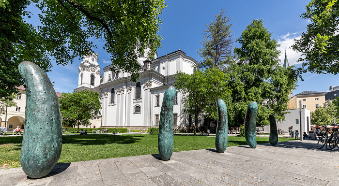 Salzburg Altstadt: Furtwänglerpark - Kunstwerk Gurken Kollegienkirche