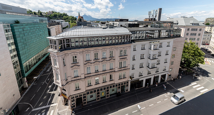 Blick vom Imlauer Hotel Pitter Salzburg (v.l.): Auerspergstraße, Rainerstraße, Max-Ott-Platz Müllner Kirche