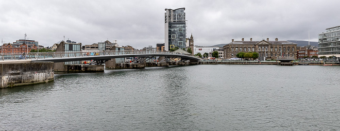 V.l.: Lagan, Lagan Weir Footbridge, The Boat, Albert Memorial Clock, Custom House Belfast