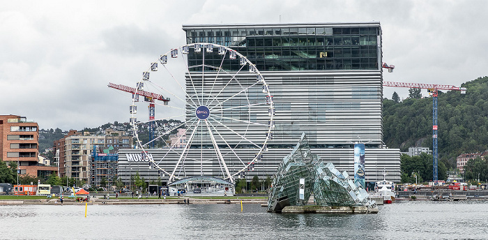 Bjørvika mit Kunstwerk She Lies, Riesenrad, Munchmuseet (rechts) Oslo