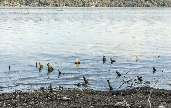 Blick von der Roseninsel: Starnberger See mit Pfahlbausiedlung Roseninsel Feldafing