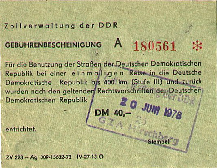 Hirschberg Bescheinigung Straßenbenutzungsgebühr DDR