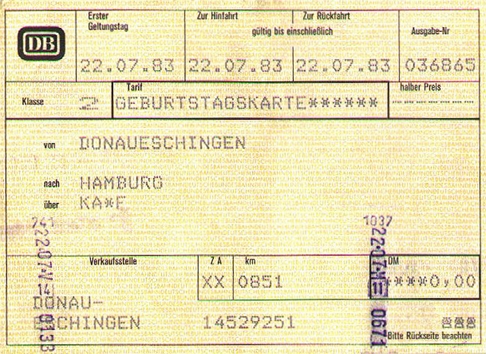 Bahnfahrkarte (Donaueschingen -) Offenburg - Hamburg - Offenburg (- Donaueschingen)