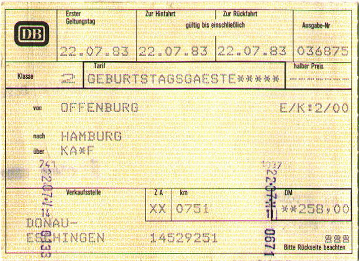 Geburtstagsbahnfahrkarte Offenburg - Hamburg - Offenburg