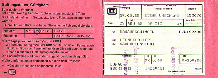 Bahnfahrkarte Donaueschingen - Berlin - Donaueschingen 29.5./2.6.