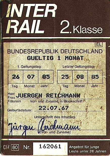 Donaueschingen Interrailticket 26.7.-14.8., 16.-18.8.