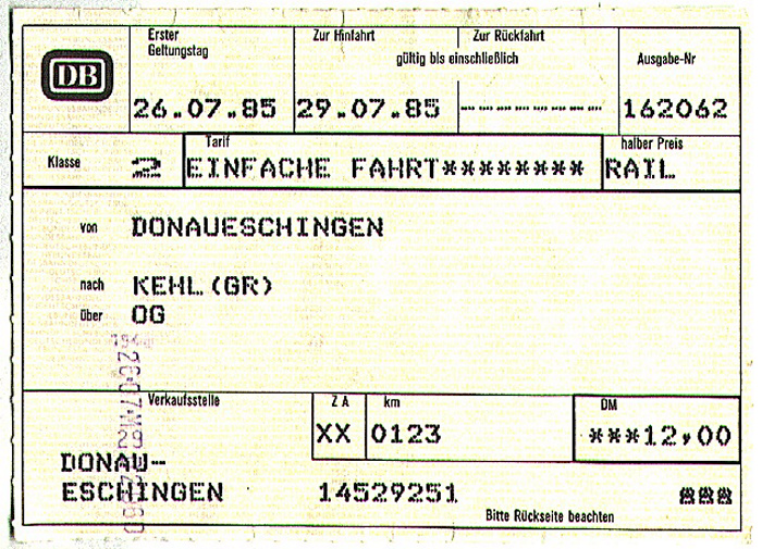 Bahnfahrkarte Donaueschingen - Kehl