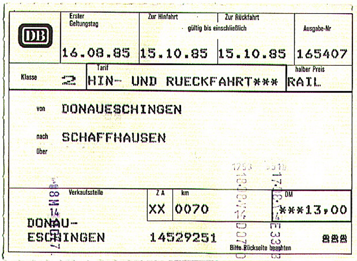 Bahnfahrkarte Donaueschingen - Schaffhausen - Donaueschingen 16./18.8.