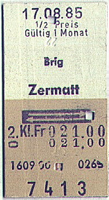 Bahnfahrkarte Brig - Zermatt - Brig (Glacier-Expreß)