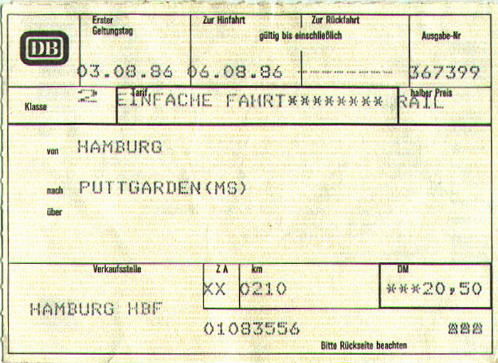 Bahnfahrkarte Hamburg - Puttgarden